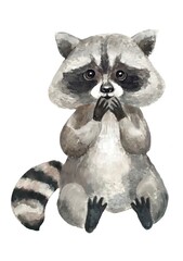  Cartoon raccoon.Watercolor illustration.