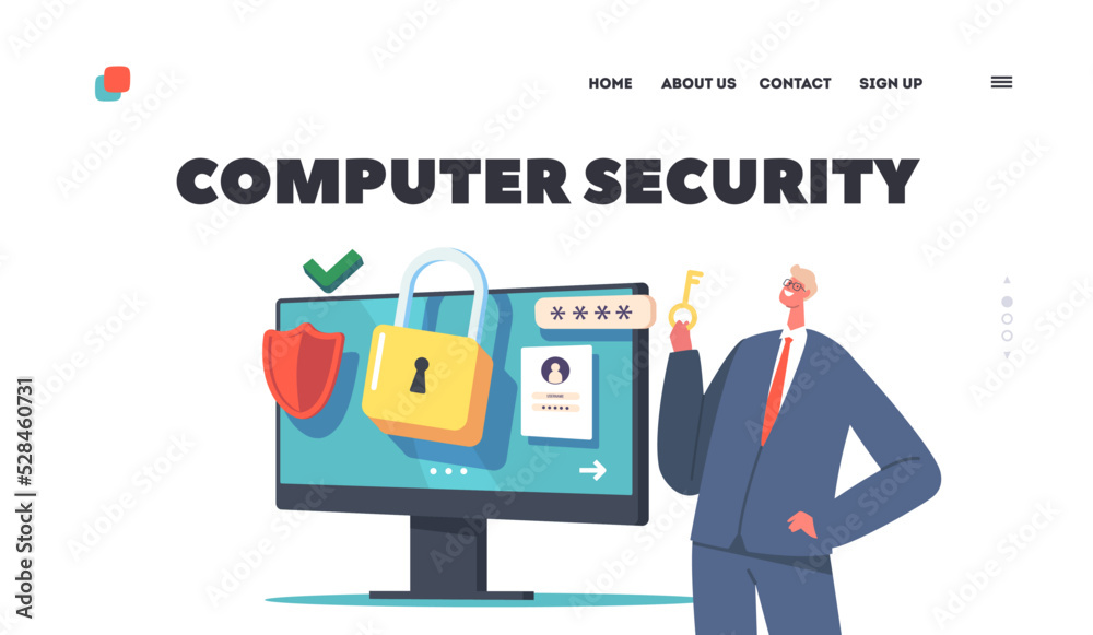 Poster data protection, security or privacy in internet landing page template. character near computer with