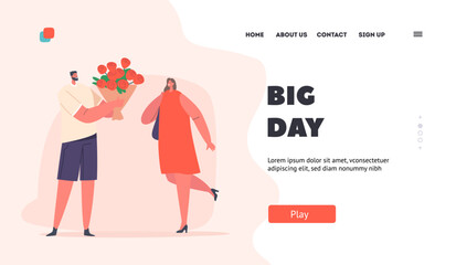 Big Day Landing Page Template. Couple Dating, Man Giving Sumptuous Flowers Bouquet of Red Roses to Pretty Girlfriend