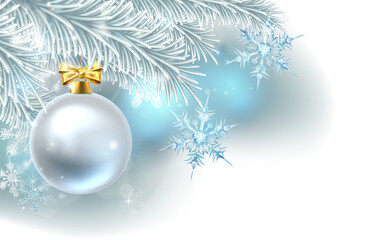 Snowflakes and Christmas tree bauble decoration ornament winter design background.