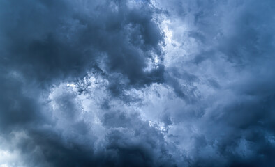 Horizon panorama and dramatic twilight sky and cloud sunset background. Natural sky background texture, beautiful color. Dark clouds, big storm and rain.