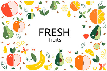 Fresh fruits. Frame square design template. Vector illustration.