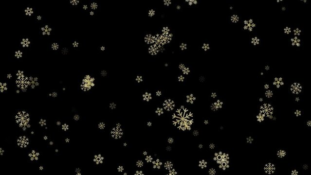 Golden snowflakes falling slowly from the sky. Black background, overlay. Winter. Abstract festive snowfall. 29,97 fps 