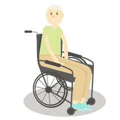 A young guy in a green T-shirt and light trousers is sitting in a wheelchair. Life of people with disabilities. Vector graphics.