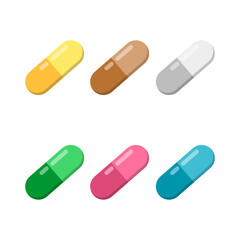Set of vector pills and capsules isometric icon. painkillers, antibiotics, vitamins and aspirin. Medical pills icon. vector illustration in flat style
