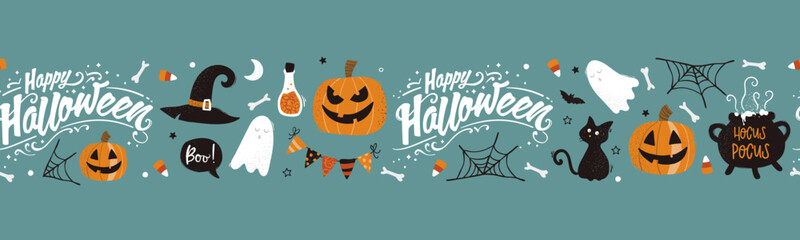 Fun hand drawn Halloween seamless pattern with cats, hats, bats and decoration - great for textiles, banners, wallpapers, wrapping - vector design