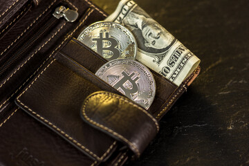 Leather wallet with the bitcoin coin and dollar banknote