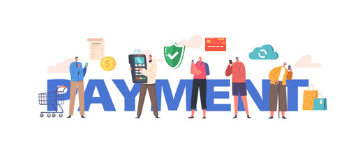 Characters Use Contactless Payment Concept. Buyers Paying with Credit Cards and Smartphones. People Purchase Poster