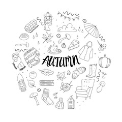 Autumn set of elements isolated on a white doodle style background. Vector illustration of plant elements, clothing items, sweets, tea and household items