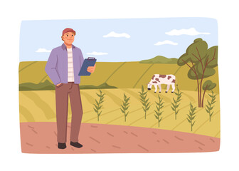 Agriculture business, man with checklist controlling and monitoring farm growth and production. Innovations on field. Vector in flat style, flat cartoon character