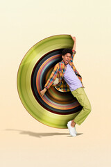 Photo 3d collage artwork postcard poster magazine sketch of young happy guy dude dance good mood...