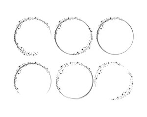 Set of round frames with stars. Wreath round star dust borders for party, birthday decor design. Space stars around thin lines. Isolated black flat vector illustration.
