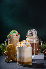 Autumn winter coffee latte set, Autumn winter coffee drink assortment with various topping -...