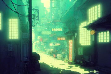 Beautiful calm relaxing japanese, asian streets. Digital painting, manga anime style. Peaceful illustration of empty village, city. Atmospheric, cozy landscape, cityscape. Cartoon digital artwork.