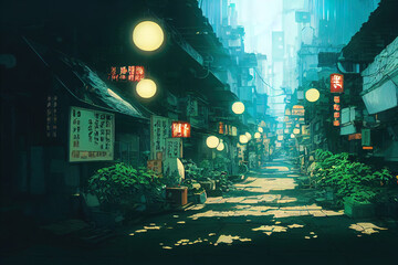 Naklejka premium Beautiful calm relaxing japanese, asian streets. Digital painting, manga anime style. Peaceful illustration of empty village, city. Atmospheric, cozy landscape, cityscape. Cartoon digital artwork.