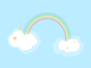 Rainbow, clouds and stars on blue background. Vector image for card or promotion.