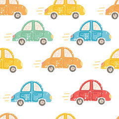 Vector Colorful Seamless Pattern with Illustration of Cute Childish Cars Isolated on White Background