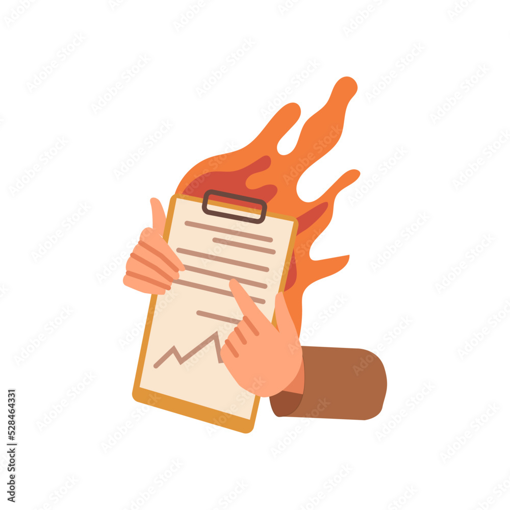 Poster Deadline and troubles at work, isolated urgent work to do. Report with charts and diagrams analysis in fire, Burning paper conflict with manager. Vector in flat style