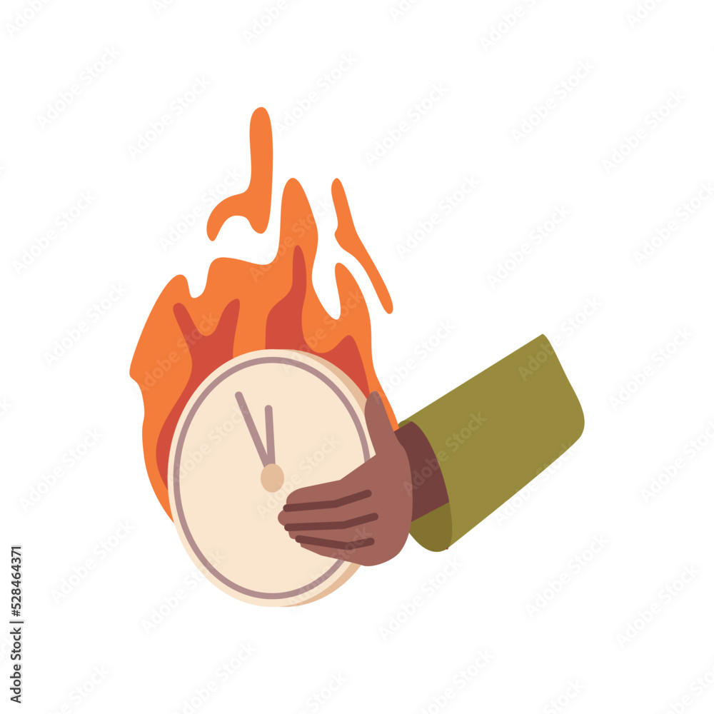 Poster Deadlines and urgent project to finish, isolated clock in hands of workers. Burning watch symbol of being late, Business failure and conflicts. Vector in flat style