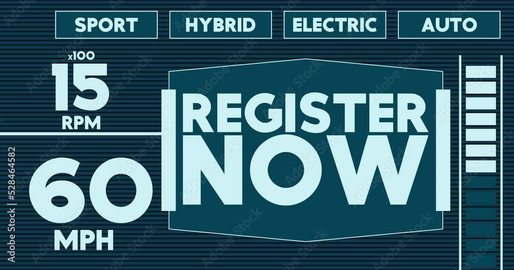 Poster futuristic car dashboard with register now text. digital graphical user interface animation.