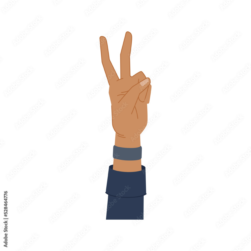 Poster two fingers showing v flat cartoon vector illustration. victory or peace nonverbal body language com