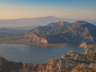 Travel to Best touristic destination, viewpoint over Dalyan. Iztuzu Beach Drone Photo, Aegean Sea, Dalyan Mugla Turkey .