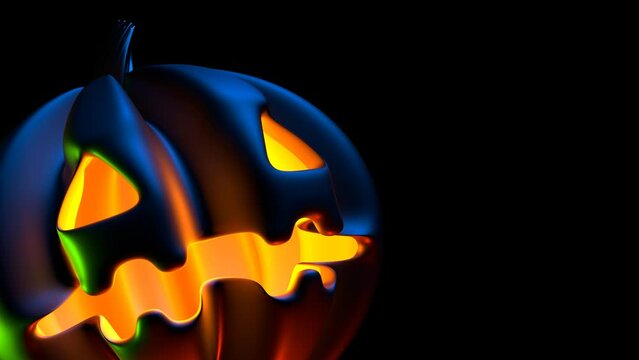 Black Halloween pumpkin with burning light inside on dark background 3D 4K looping animation with copy space