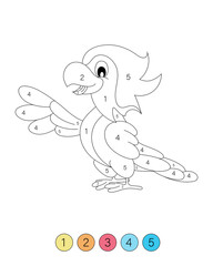 Parrot coloring page. Coloring books with numbers for kids. Graphic design for children. Education. Isolated on white background.