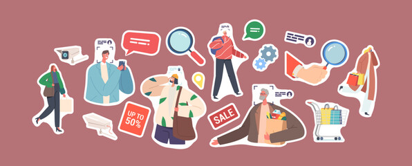 Set of Stickers Characters Shopping in Mall with Security Camera Surveillance Cctv System. Store Visitors Identification