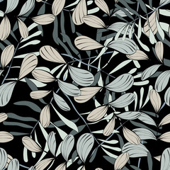 Tropical seamless pattern with leaves. Stylized as an ink painting.