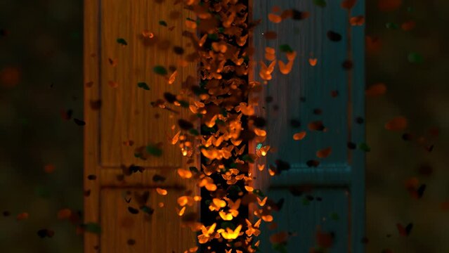 Lots of moths fly out of the closet in warm orange light 3D 4k animation
