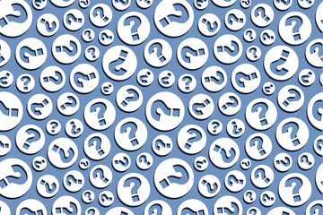 Randomly located question marks on a blue background.