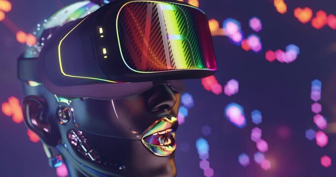 VR goggles headset on a robo-girls head , Cybernetic Technology artificial intelligence inside digital metaverse environment over Sci-fi glowing background