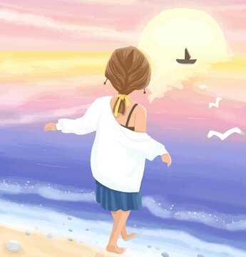 alone anime girl in sea beach digital art, painting, 3d illustration