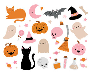 Pink Halloween. Cute hand drawn illustrations in retro colors including ghosts, cats, bats, pumpkins, candy. Fun halloween elements for kids. - 528466515
