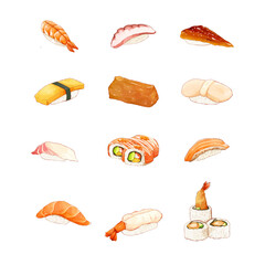 Set of Watercolor Sushi Vector Illustration
