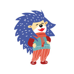A cute cartoon hedgehog in a red scarf is laughing. Winter holidays.