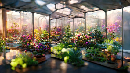 Farming of many colorful flowers in modern greenhouse