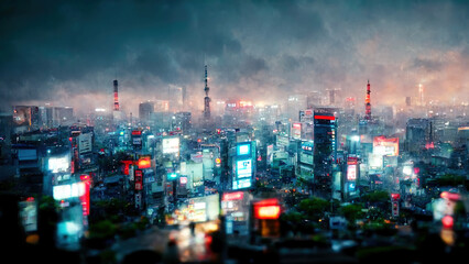 Busy futuristic city skyline at night with many neon lights - obrazy, fototapety, plakaty