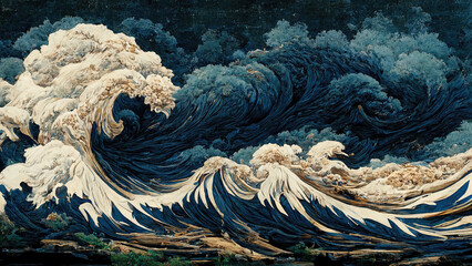 Japanese illustration of great ocean waves as wallpaper