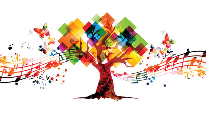 Fototapeta na wymiar Relaxing music concept with tree and musical notes isolated vector illustration. Calming colorful musical design, nature inspired with musical staff and butterflies 