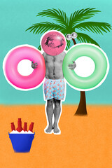 Vertical collage image of black white colors person hands hold inflatable rings disco ball instead...