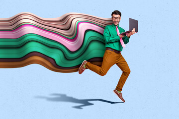 Creative abstract template collage of excited jumping running office man hold laptop creative...