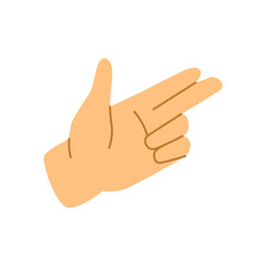 Hand gesture, finger gun. Isolated palm and fingers showing direction. Bang or shooting from imaginary weapon, communication. Flat cartoon, vector in flat style