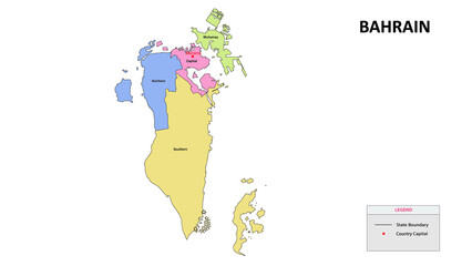 Bahrain Map. Colorful cuntry map of Bahrain with all states.
