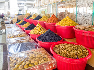 Oriental Bazaar. Almond peeled and unpeeled, nuts sales in market. Dry food, variety almonds in store. Concept of healthy eating, raw product, bazaar, diet, almond theme