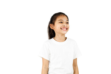 Young asian girl standing laughing happily isolated on white background with clipping path.