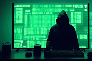 Hooded hacker hacking on a screen. Hack illustration. Green text, informatic pirate, coding.