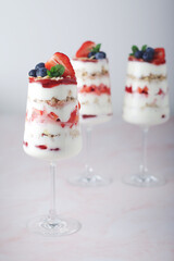 Strawberry milk yogurt desert in glasses	
