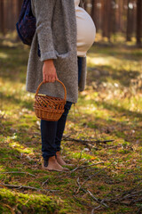 Pregnant woman pick up the mushrooms in autumn forest  to wooden basket.